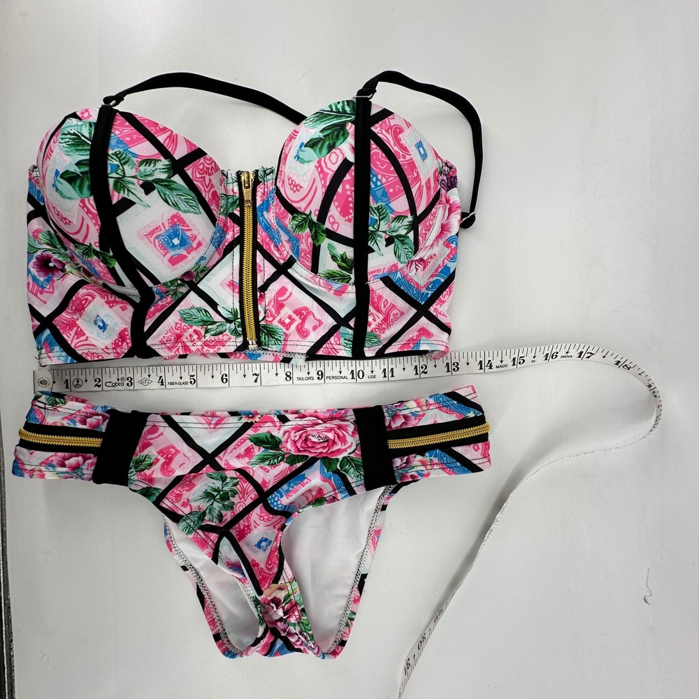 Bikini Set Bustier Push Up Women M Pink Floral Geometric Zipper Detail - Picture 6 of 7